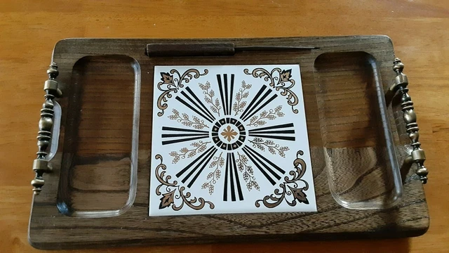 Vintage MCM Walnut Wood/Tile Serving Tray Board + Cheese Cutting Tool 12