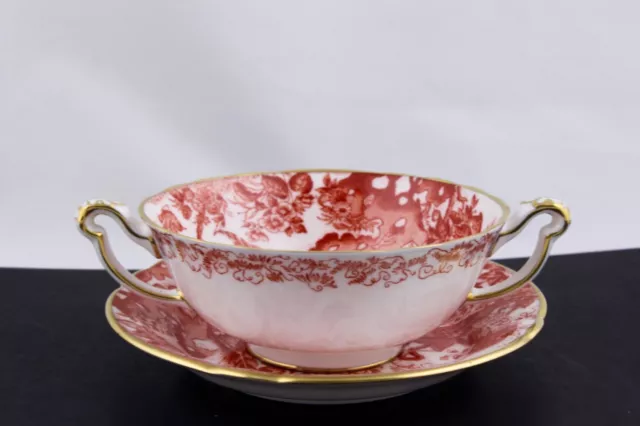 Royal Crown Derby Red Aves Footed Cream Soup Bowl & Saucer Set #1 - Mint