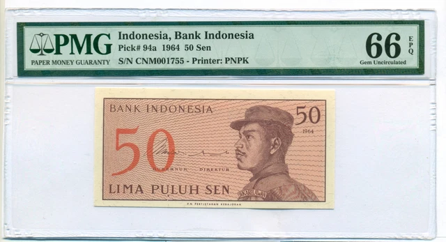 Indonesia 1964 50 Sen Bank Note Gem Unc 66 EPQ PMG