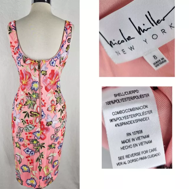 Nicole Miller pink Floral fitted exposed zipper Embroidered Sheath Dress, 8 2