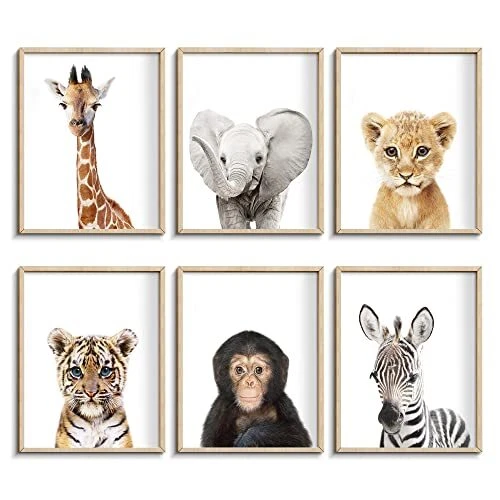 Set of 6 Baby Safari Nursery Wall Decor - Picture Cute Animal Wall Prints on