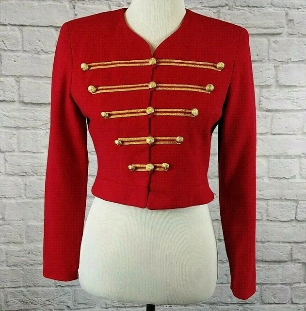 VTG Yves Cossette Sz 2P Jacket Blazer Military Style Band Wool Red Gold Michael