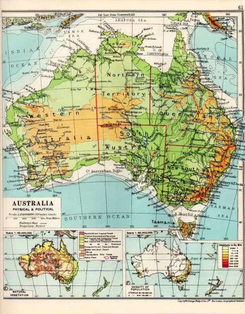 1924 Map Australia Physical & Political Vegetation & Density Of Population