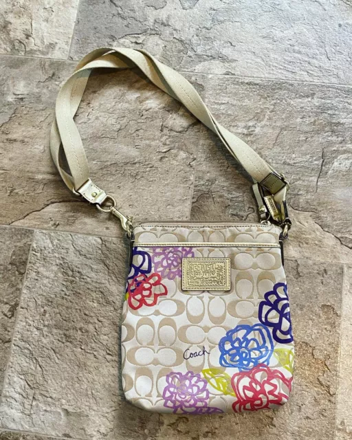 Coach CrossBody, purse  beige with flowers long strap Floral