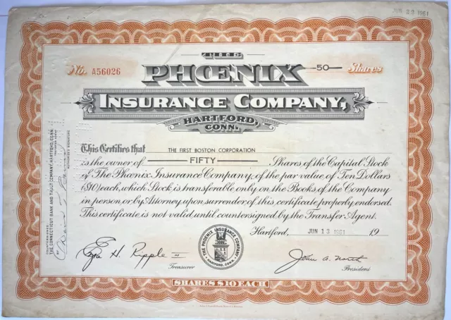 Phoenix Insurance Company Share / Stock Certificate 1961 A56026 (W1)