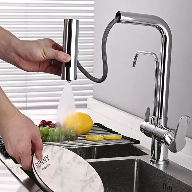 Kitchen Sink Mixer Tap Pull Out 3 Way Water Filter 360° Swivel Spout Chrome Tap