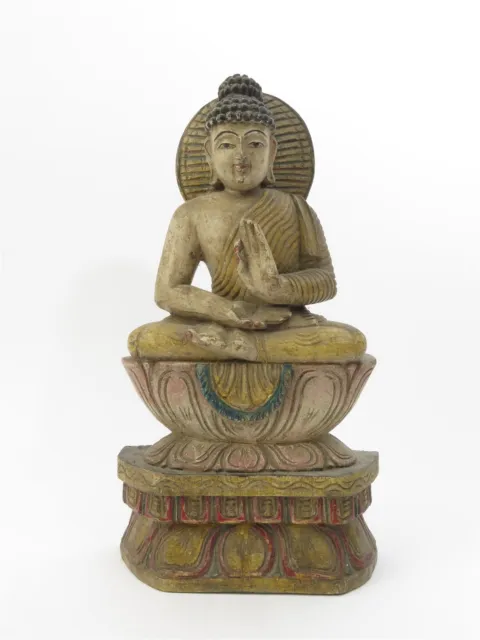 Large Wooden Carved & Painted Buddha Statue Lotus Seated Gyan Mudra 18" x 10"