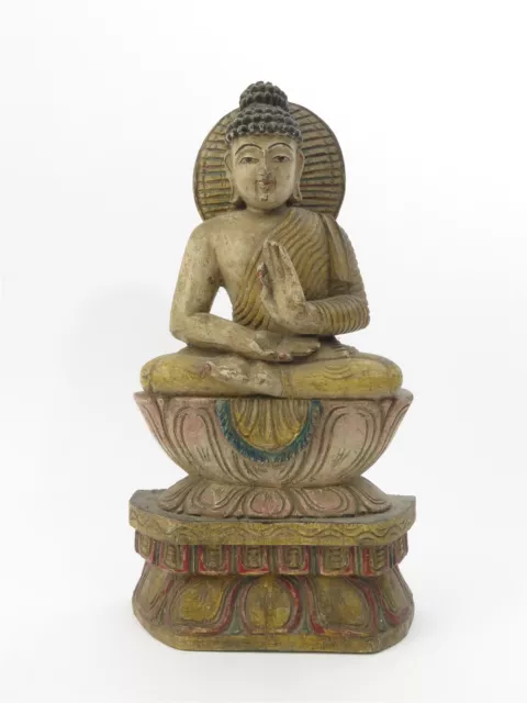 Large Wooden Carved & Painted Buddha Statue Lotus Seated Gyan Mudra 18" x 10"