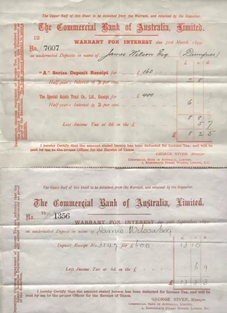 1892/1899 Dumfries, Commercial Bank Australia Ltd. Shares Warrants, J. Wilson