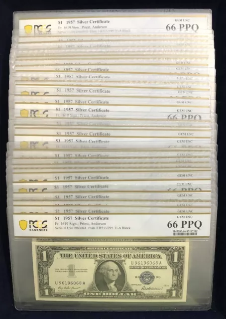 1957 $1 Silver Certificate Fr. 1619 Block U/A PCGS Graded Gem UNC 66 PPQ