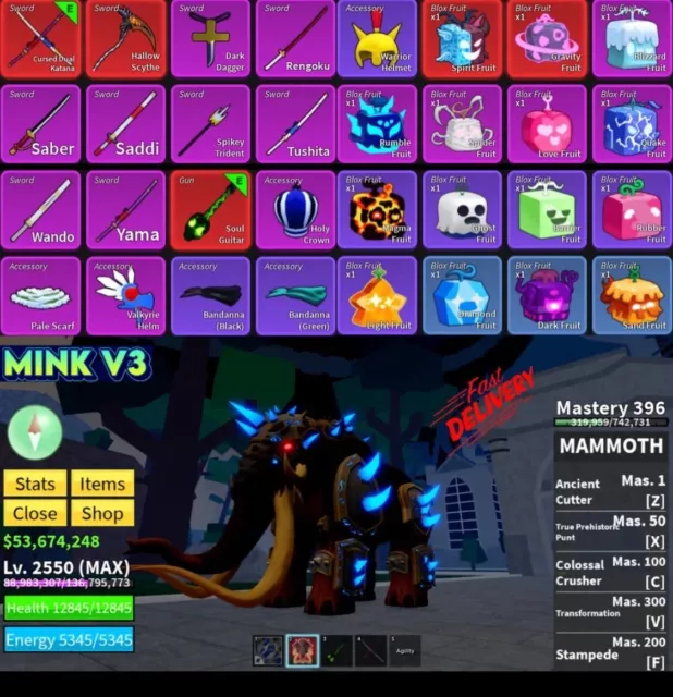 Account Blox Fruit Mink V3 God Human+CDK+Dough Fruit Awakened [Level  MAX][Melee+Fruit+Sword All Skills Unlock]