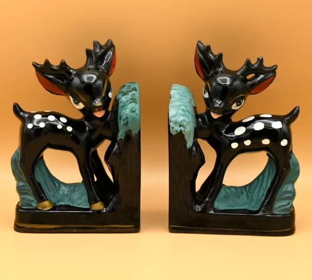Vintage Relco Deer Bookends Ceramic Black MCM