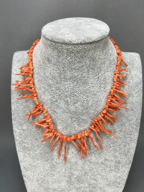 Antique Natural Undyed Mediterranean Salmon Red Coral Branch Necklace 14"