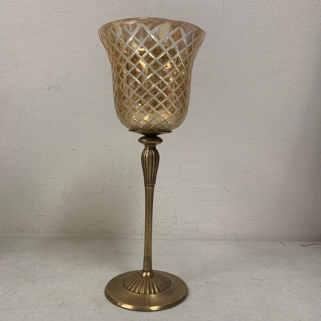 VINTAGE/ANTIQUE SOLID BRASS/GLASS Hurricane Candle Stick Holder, 11.5