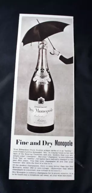 1960 Advert 'DRY MONOPOLE CHAMPAGNE' + HIGHLAND QUEEN WHISKY'  13.25" x 4.75"