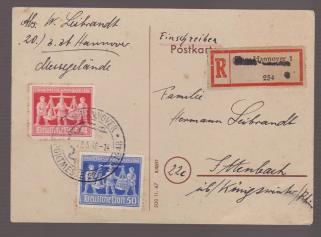 Gem.Ausg.Mi. 969/70 Not-R-Hannover/Messe - Ittenbach, 22.5.46 FDC