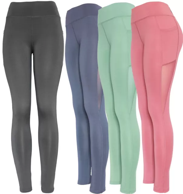 Womens Solid Mesh Workout Leggings with Pockets High Waist Yoga Pants