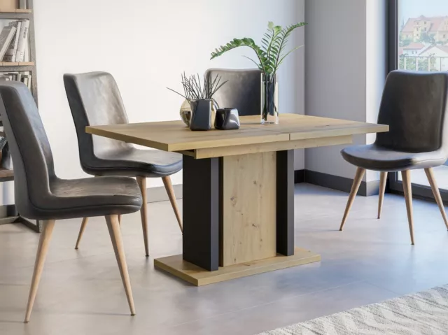 Extendable Dining Table Oak Finish Extending 140-180cm Black Pillar Frame WREN