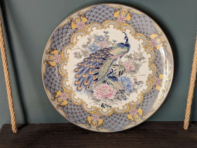 Japanese Porcelain Plate Peacock Bird Peony Grey Gilt