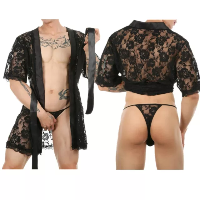 Homme Thong Sortie De Bain Peignoir Dentelle Vêtement De Nuit avec Slip Ceinture