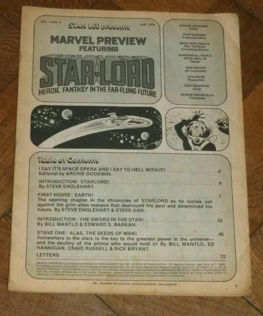 MARVEL PREVIEW Presents Starlord #4 January 1976 1st Guardians of the Galaxy