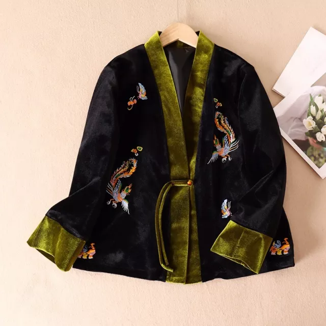 Women Velvet Embroidered Jacket V-neck Cardigan Chinese Coat Retro Ethnic Top