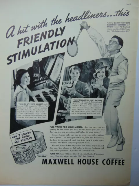 1937 FRIENDLY STIMULATION MAXWELL HOUSE COFFEE  vintage art print ad