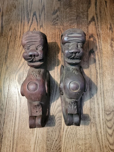 Antique Pair Carved Wood Oak Architectural Salvage Lion Heads Corbles Mascaron