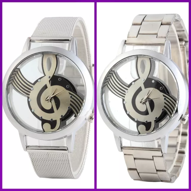 New Musical Note Dial Hollow Round Quartz Analog Couple Watch with  Mesh Strap