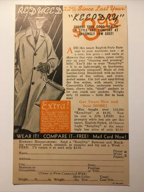 Vintage 1939 Men's Rain Coat  Ad Economy Headquarters New Process Co. Warren PA