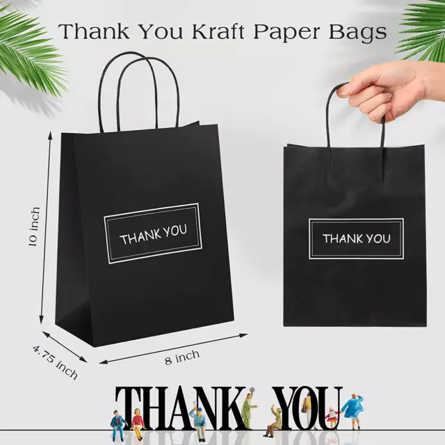 100 Pcs Thank You Paper Bags Bulk 8 X 4 X 10 Inch Gift with Handle Black, White 3