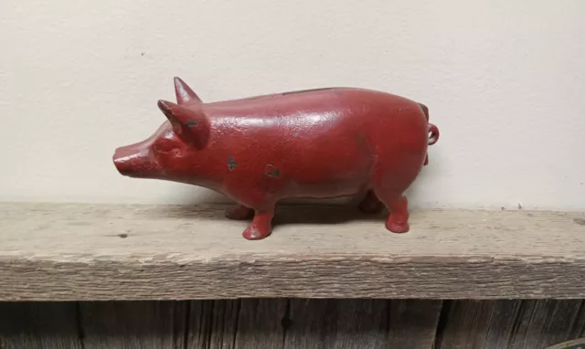 Vintage Cast Iron Red Painted Pig Piggy Hog Coin Bank