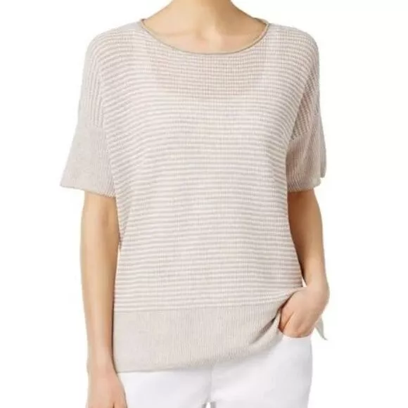 Eileen Fisher 100% Organic Linen Short Sleeve Sweater Top Size Petite Medium PM