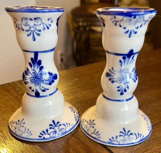 Vintage Delft Blue & White Taper Candlestick Holders Dutch Windmill Set of 2