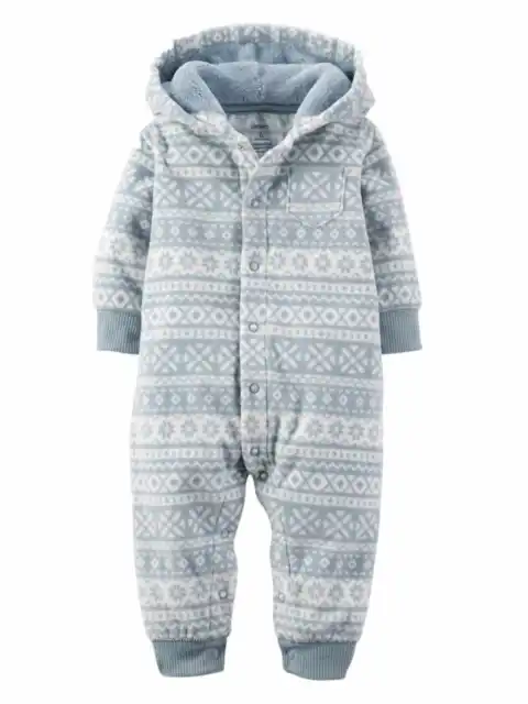 Carters Infant Boy Gray Fair Isle Hooded Fleece Jumpsuit Coverall Outfit 6m