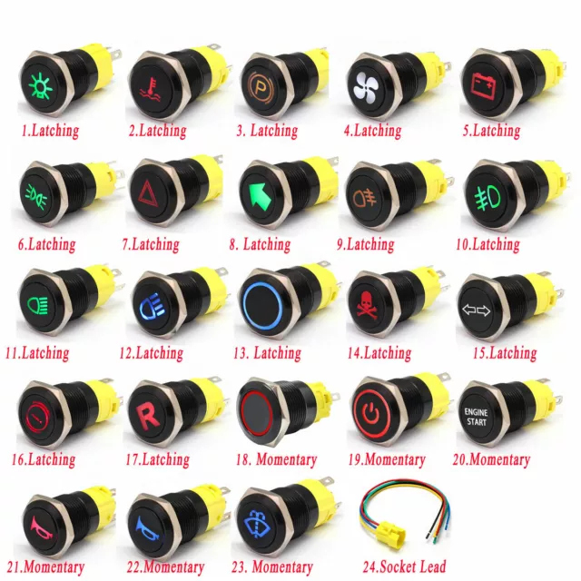 16mm 12V-24V Waterproof Car LED Power Push Button Momentary Switch Metal ON/OF