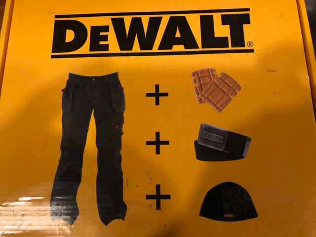 Set pantaloni taschini Dewalt Fondina, ginocchiere, cintura e cappello nuovi con scatola 34 x 32