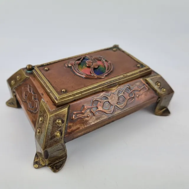 Antique Arts And Crafts Copper And Brass Stamp Box With Enamel Roundel Nouveau