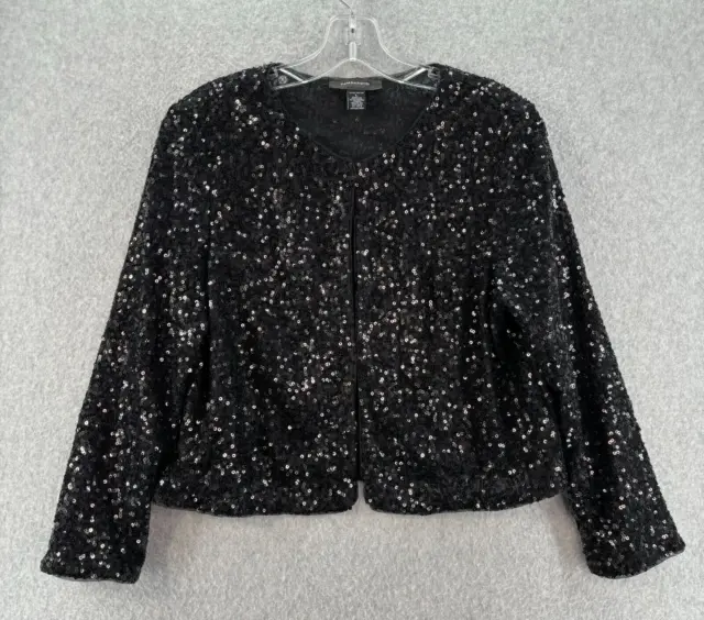 R&M Richards Sequin Jacket Women's L Black Sheer Open Front Dressy Elegant Event