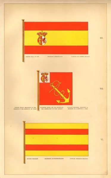 SPANISH MARITIME/MILITARY FLAGS.War Flag. Admiralty Ensign. Merchant. Spain 1873