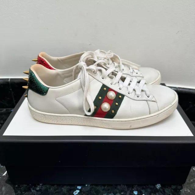 Gucci Women's White Leather Ace Low Top Sneaker Pearl Studded Unisex Size 36.5 2