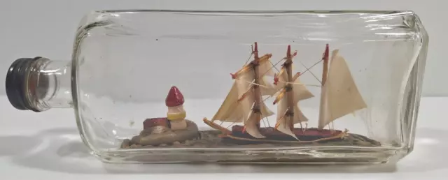 Vintage Ship in a Bottle Handmade 8" Triple Mast Boat w/ Light House Full Rigged