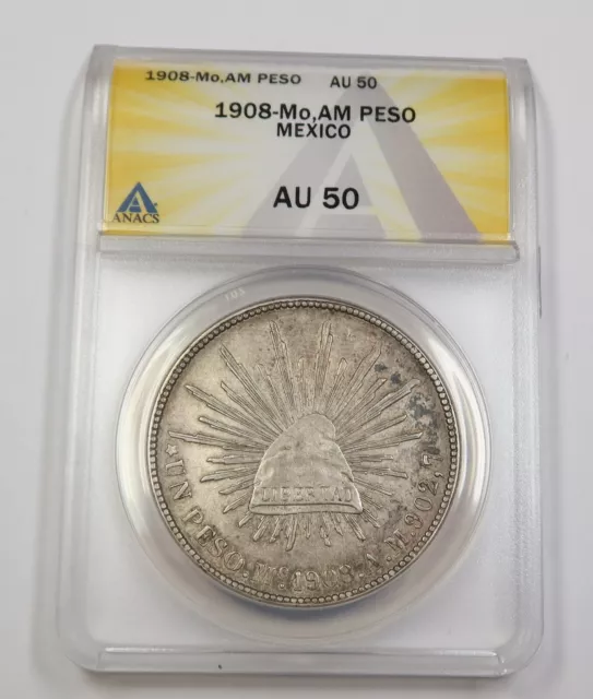 1908-Mo AM ANACS AU50 | REPUBLIC of MEXICO - Silver Un Peso One 1p Coin #35669A