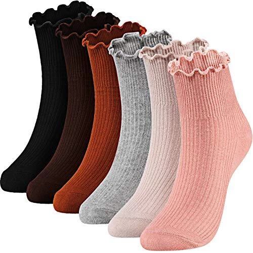 Women Ankle Socks Knit Lace Ruffle Socks Solid Color Casual Socks 6 Pair Blac...