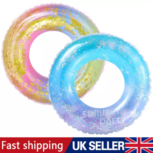 Adults Kids Inflatable Swimming Ring Sequins Rainbow Swim Pool Beach Float Toy