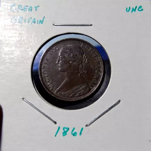1861 GREAT BRITAIN FARTHING World UK Coin AU