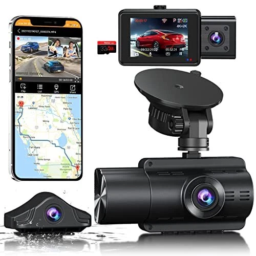 3 CHANNEL 4K Dash Cam with SD Card, 4K+2K Front and Rear Dash Camera