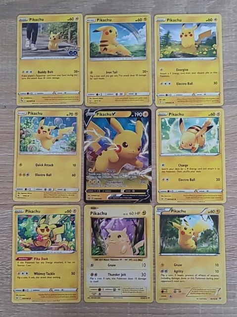 Set of 9 different Pikachu pokemon cards all genuine some vintage some new shiny