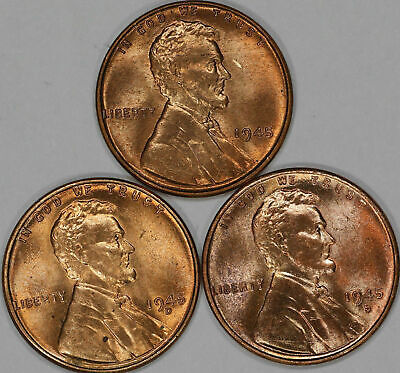 1945 P / D / S   LINCOLN WHEAT CENT GEM BU BRILLIANT RED LOT OF 3 COINS Free/SH