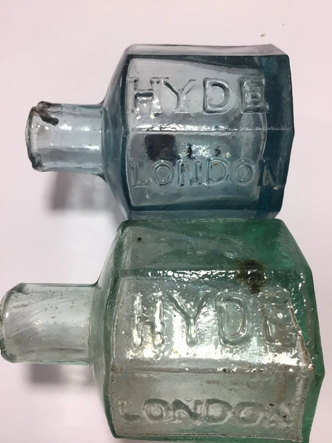2 Nice Embossed HYDE LONDON BLUEY AQUA & AQUA Old Victorian Ink Bottles J21